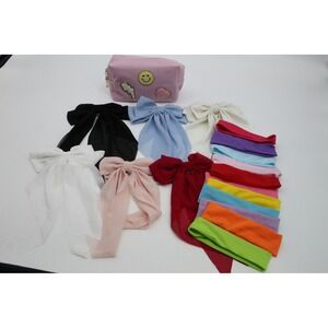 Handmade Kids Hair Accessory Set Large Chiffon Bows Headbands Pink Makeup Bag